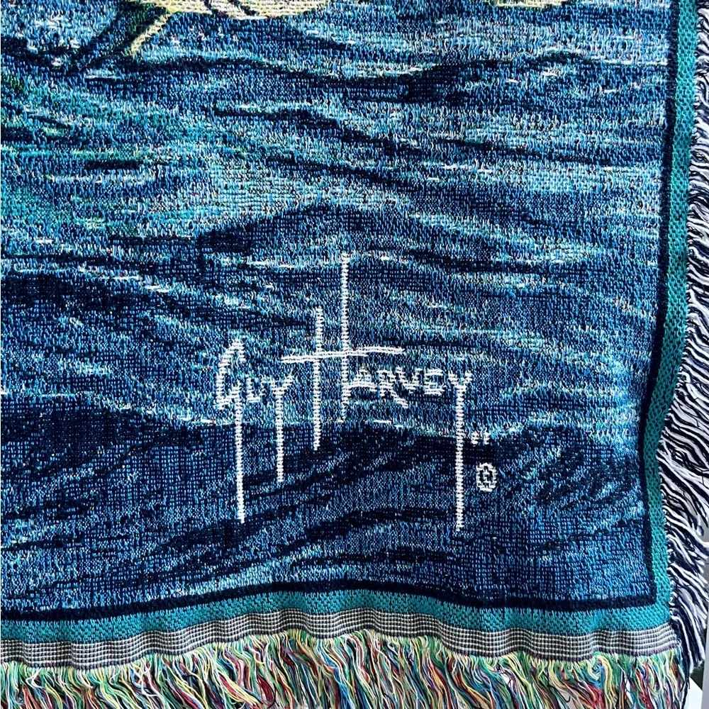 Vintage Guy Harvey Marlin Afghan Tapestry Fringed 48x68 Throw Blanket Rare VTG - Picture 4 of 6